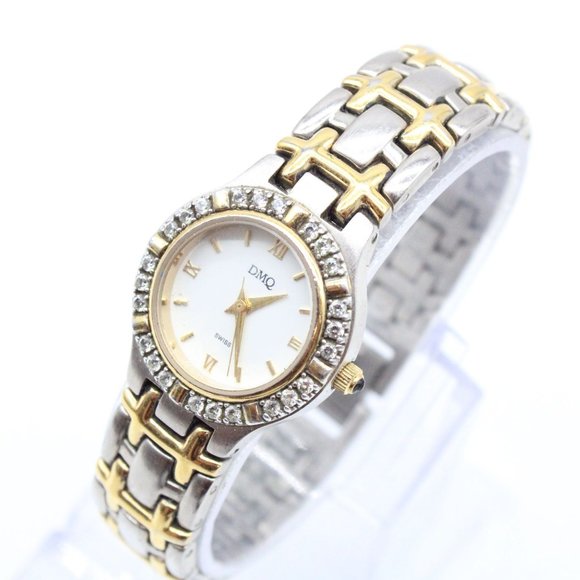 DMQ Swiss Watch Womens Two Tone Stainless Steel Classic Rhinestones Dial Quartz - Picture 4 of 8
